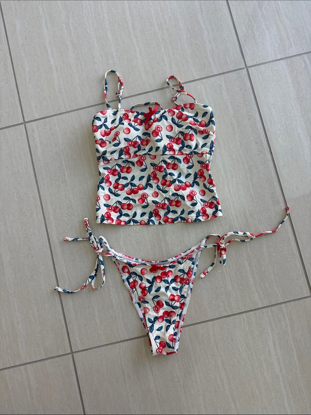 Seamolly Cream Cherry Print Tankini Bikini Set